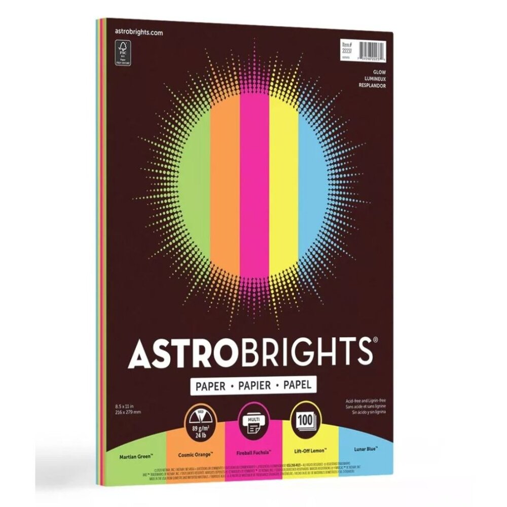 Astrobrights (5-PACK) Glow Neon Colored Paper 8.5" X 11" 100 Sheets Multi-Pack F